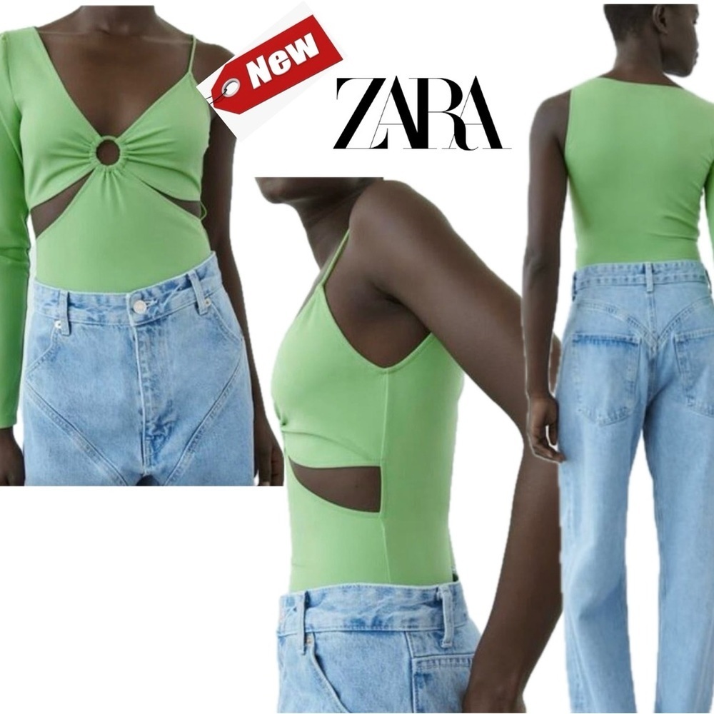 Zara Green asymmetrical long sleeve spaghetti strap cutout O-ring Vneck bodysuit